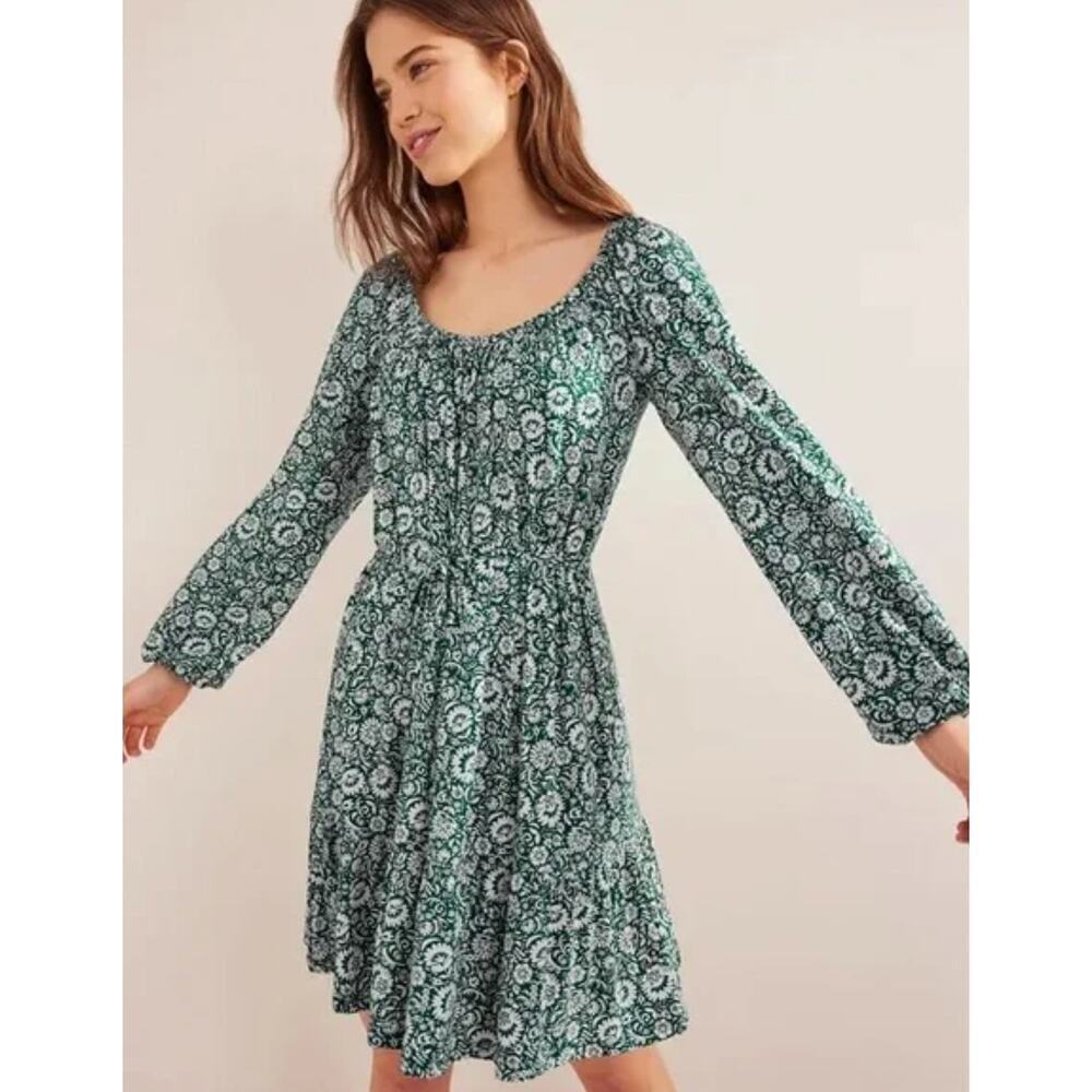 BODEN Scoop Neck Green White Floral Tiered Tie Waist Swing Jersey Mini Dress 8
